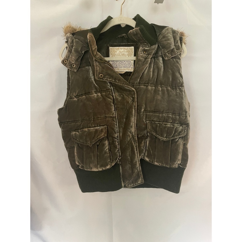Old Navy Womens Olive Green Velvet Puffer Vest Faux Fur Trim Hood Large Y2K